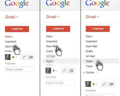 Gmail's 'Spam' folder is hidden, mouse over to view Gmail spam folder location