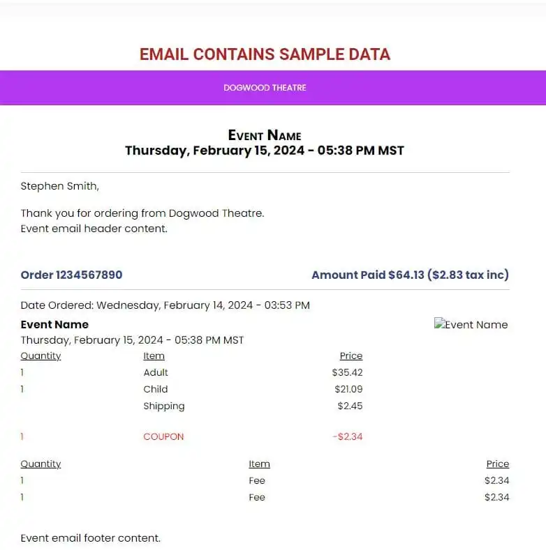 A preview of a venue's confirmation email that includes sample data.