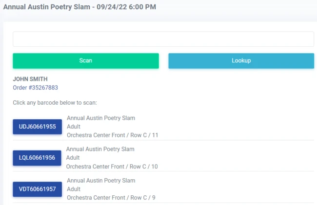 Searching for an order by last name allows a user to search in the ThunderTix app for an order by last name during barcode scanning.