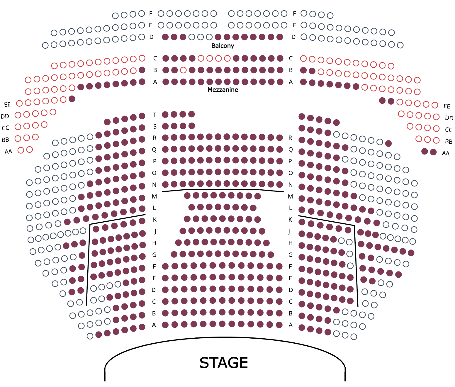 Custom seating chart with curved sections and angled rows
