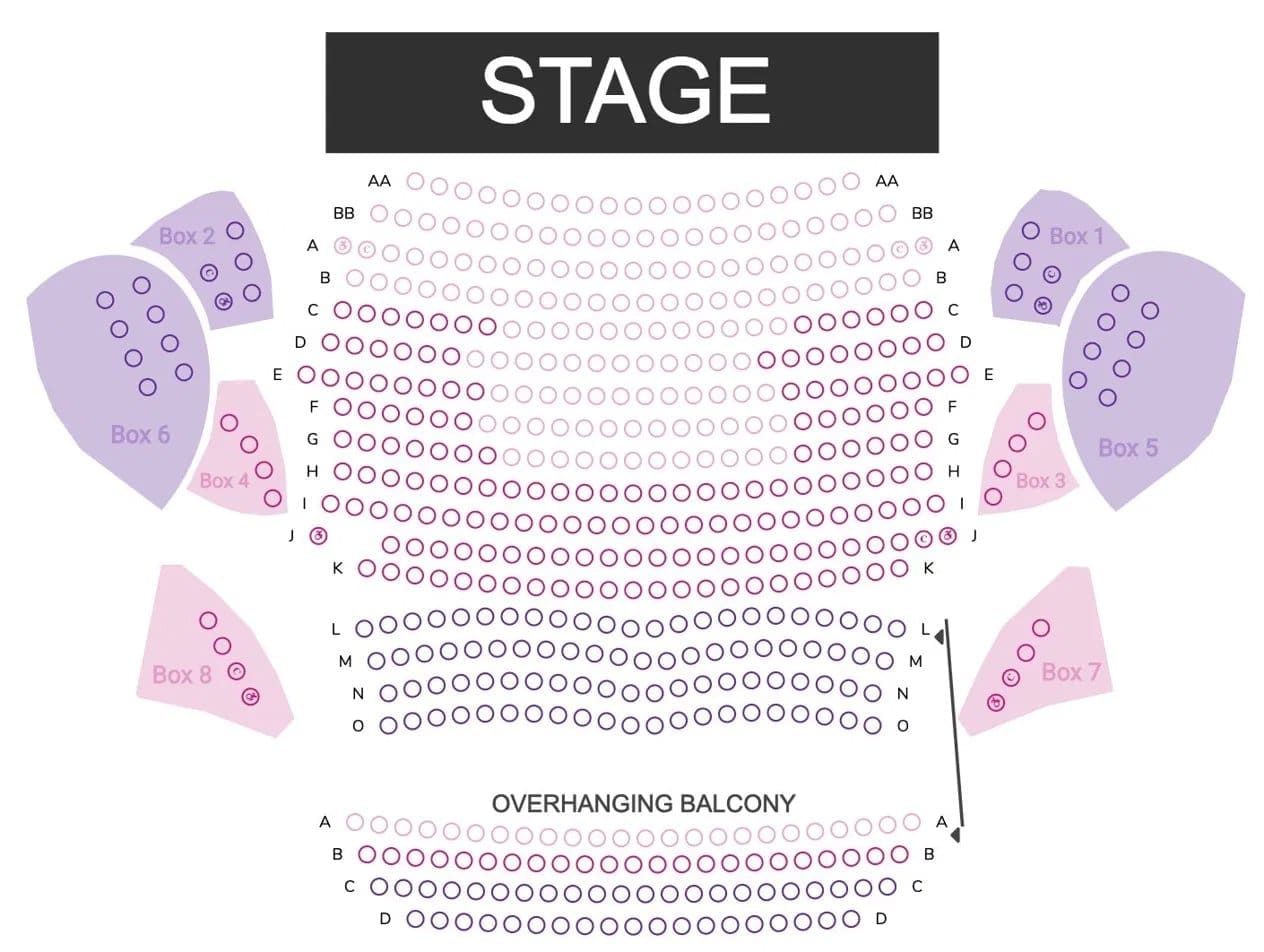 Traditional theater seating chart with orchestra, boxes, and overhanging balcony