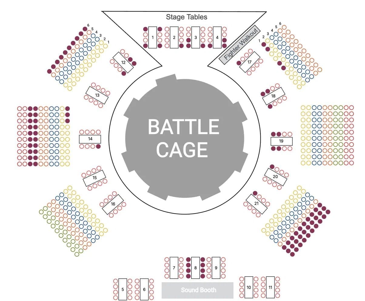 MMA battle cage venue with stage tables, fighter walkout, and tiered surrounding seating
