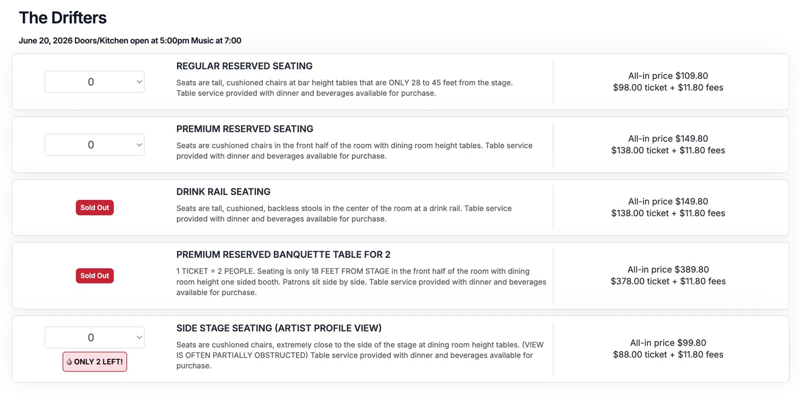 ThunderTix general-admission page: each seating type shows an all-in price with the ticket-plus-fees breakdown, a plain-language description, and live availability badges like Sold Out and Only 2 Left