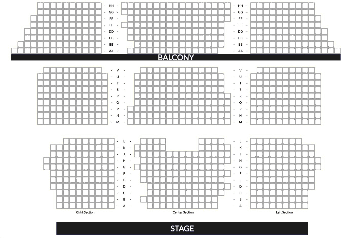 Arts People reserved-seating chart: rows and sections arranged on a rectangular grid in three straight blocks