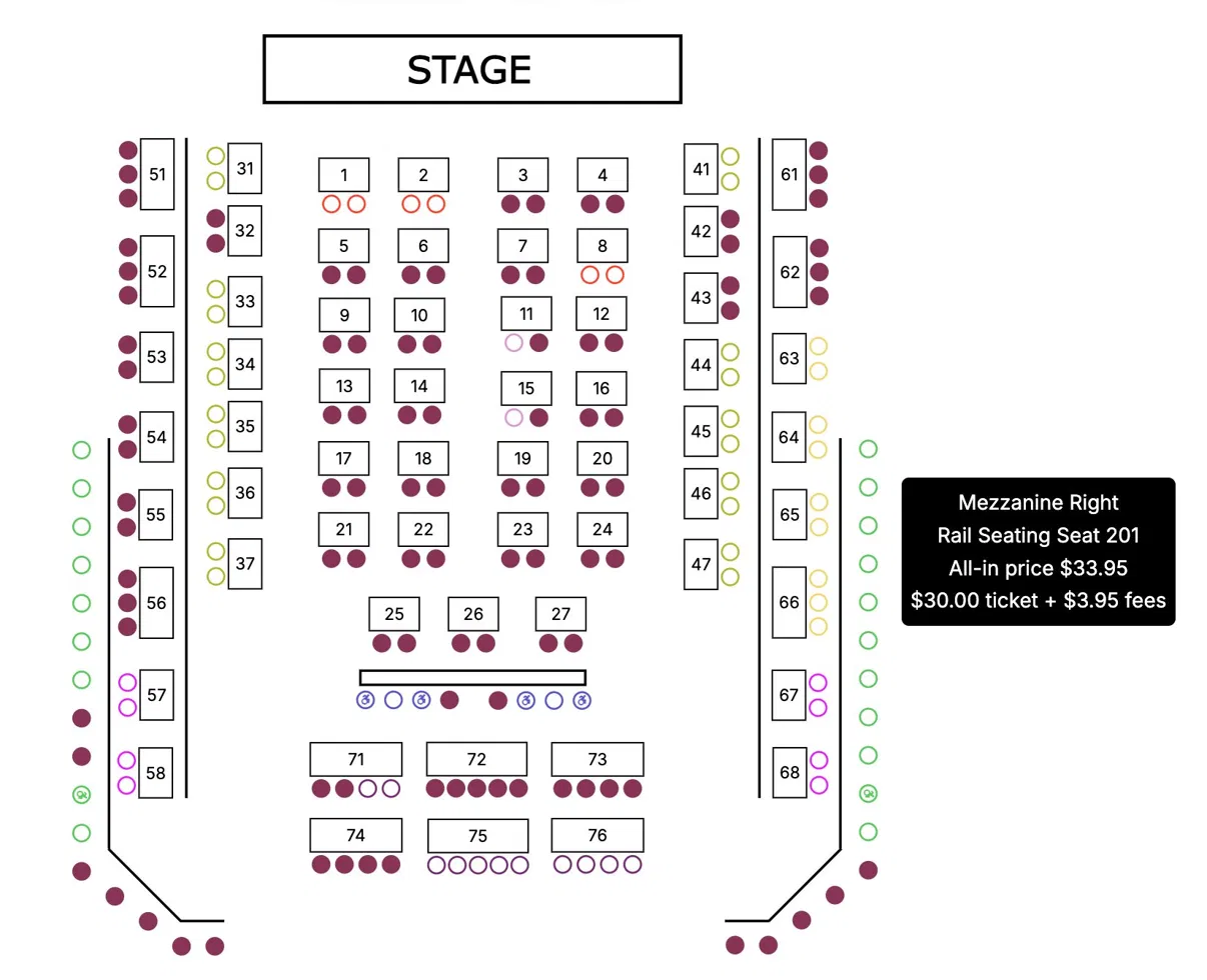 ThunderTix dinner-theatre chart: a full floor plan of two-tops, four-tops, long communal tables and rail seating along the sides, around a stage, each seat individually selectable, with an all-in price-and-fees tooltip shown on hover