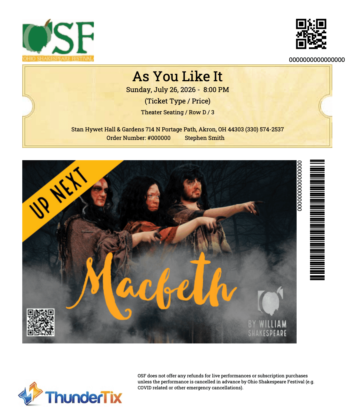 A branded QR code event ticket with venue graphics and a scannable QR code