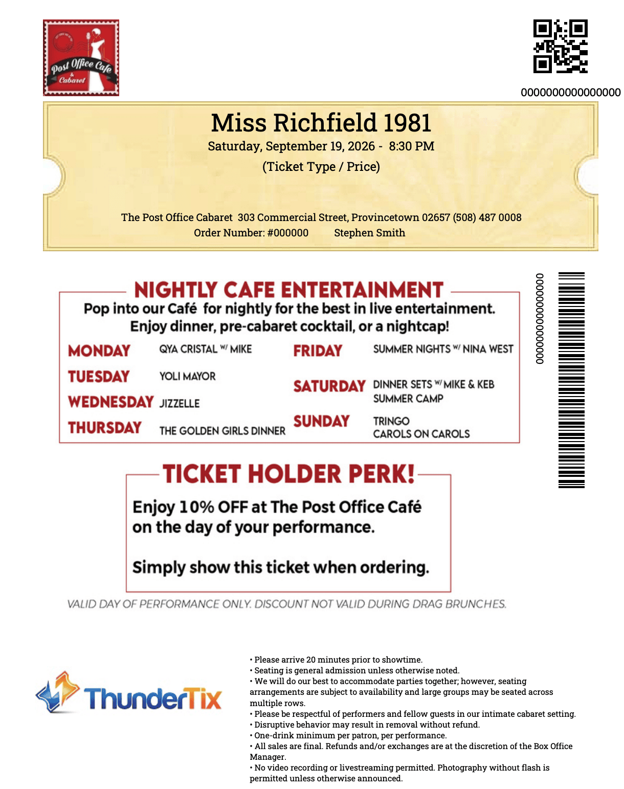 A branded Miss Richfield 1981 event ticket with custom background art and a scannable QR code