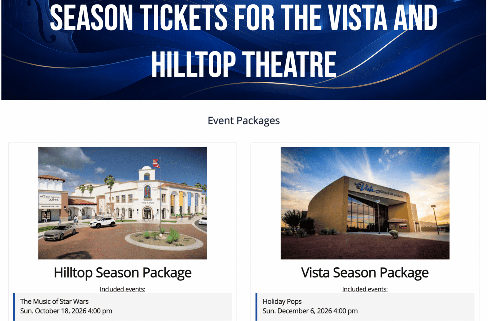 A branded symphony storefront on ThunderTix with event packages, calendar, and donate buttons