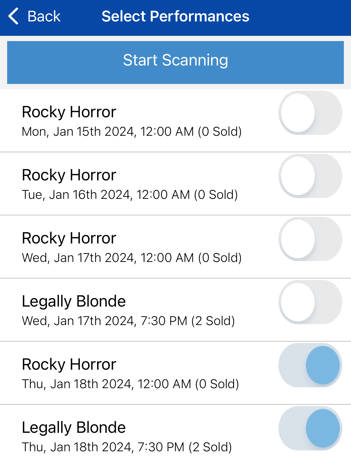 Select Performances Screen where a user can toggle 'start scanning' for specific events.