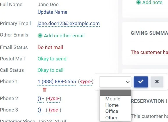 Screen in customer information tab where users can add the name, email addresses, and phone numbers for a customer.