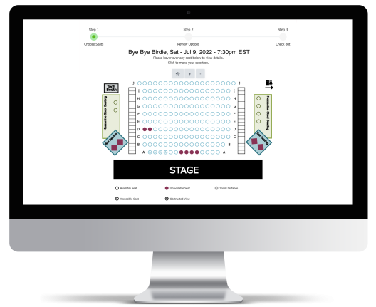 A monitor showing a reserved seating diagram with only 3 steps to checkout for tickets.