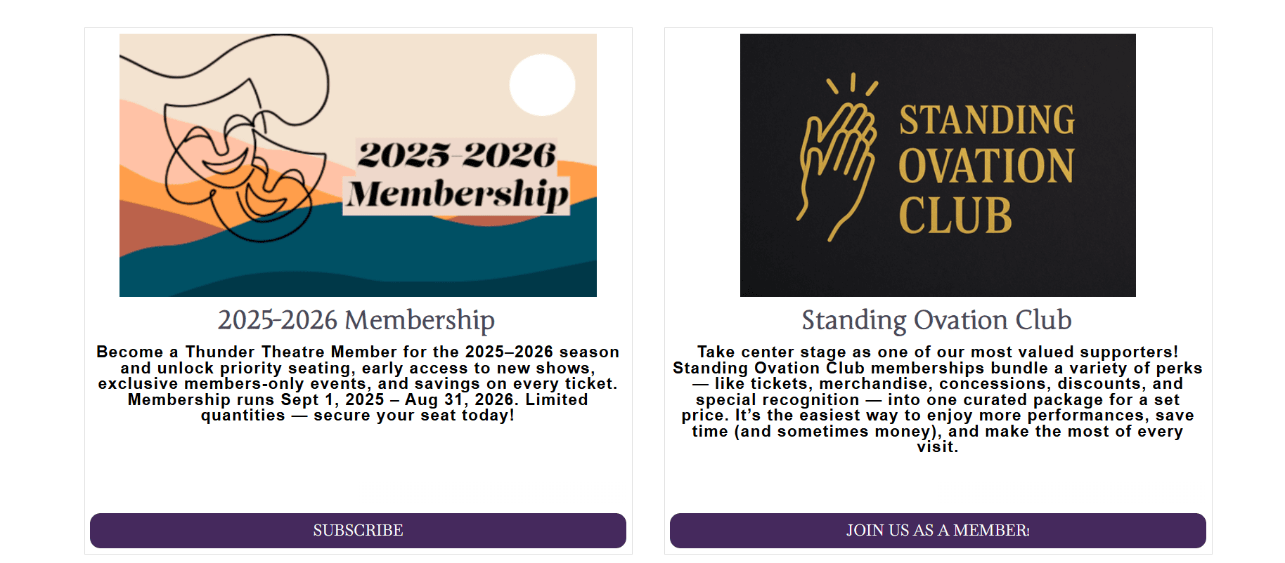 Member-facing page showing two membership options offered by a venue