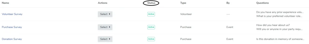 Active/Inactive status of a survey