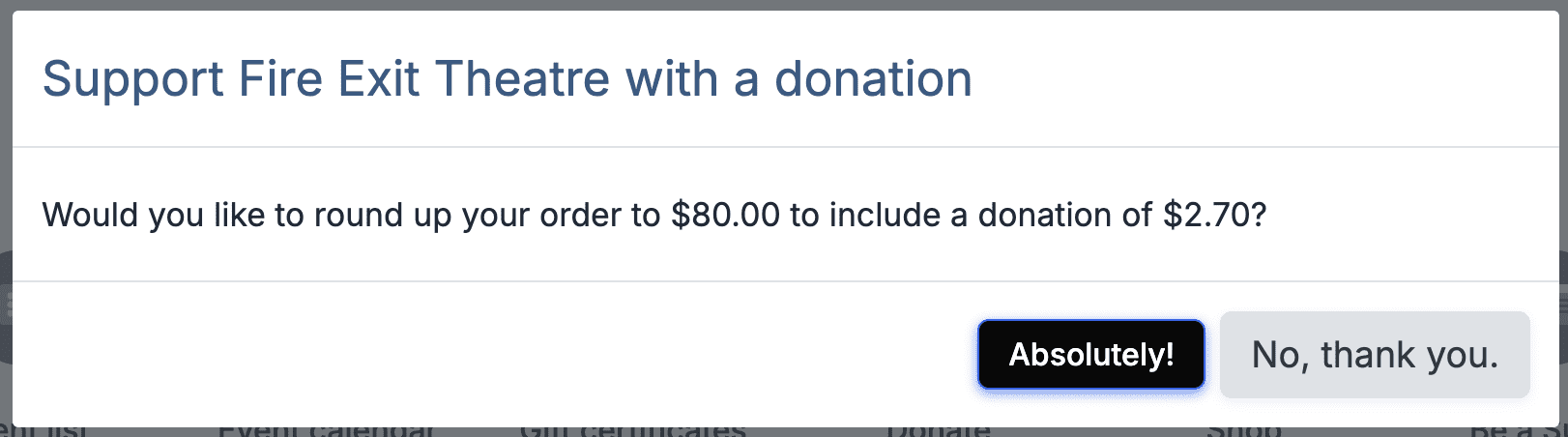 The ThunderTix checkout round-up prompt inviting the customer to round their order up to the nearest five dollar increment as a donation to the organization.